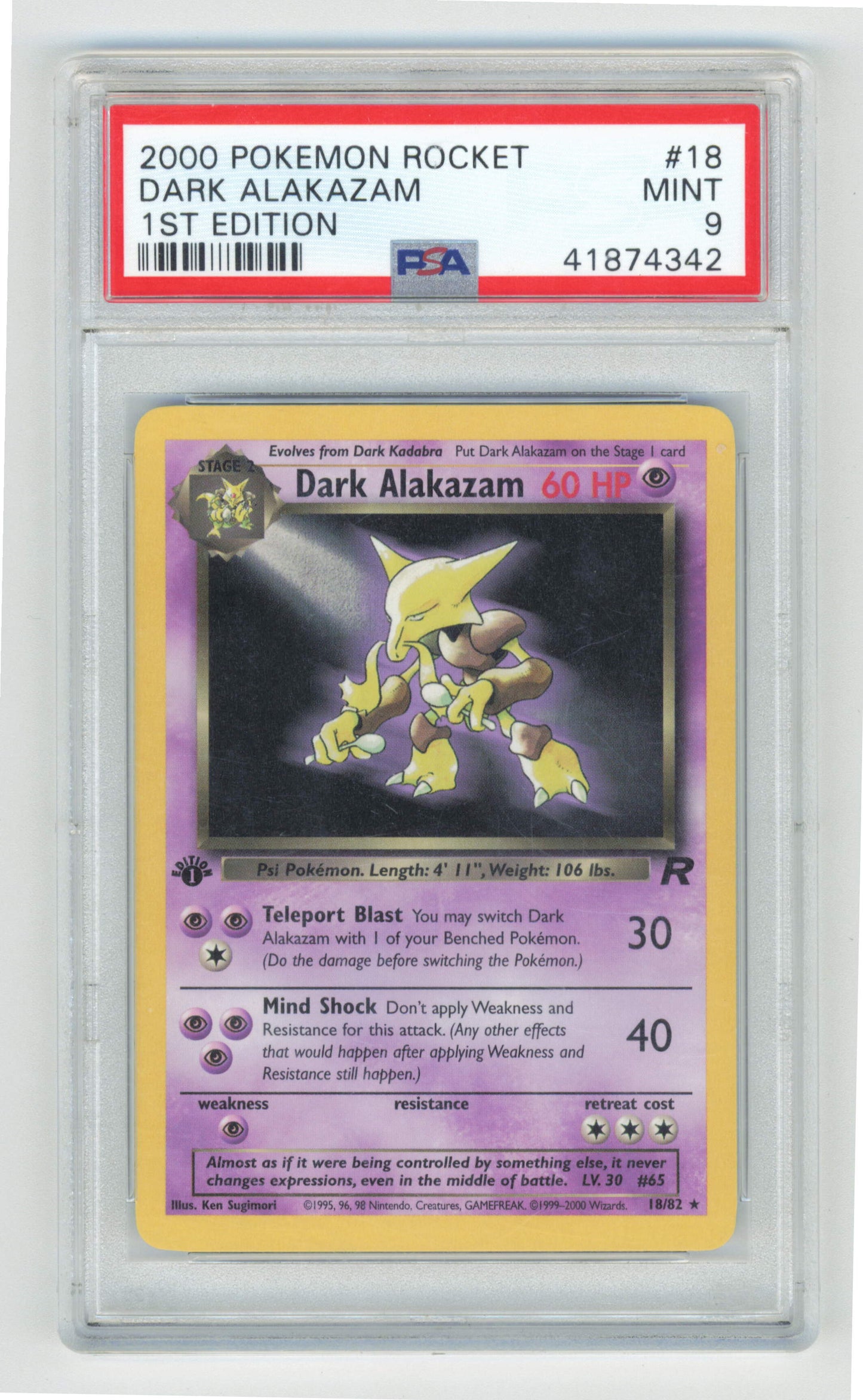 Pokemon Dark Alakazam 18/82 Non-Holo 1st Edition 2000 Team Rocket PSA 9