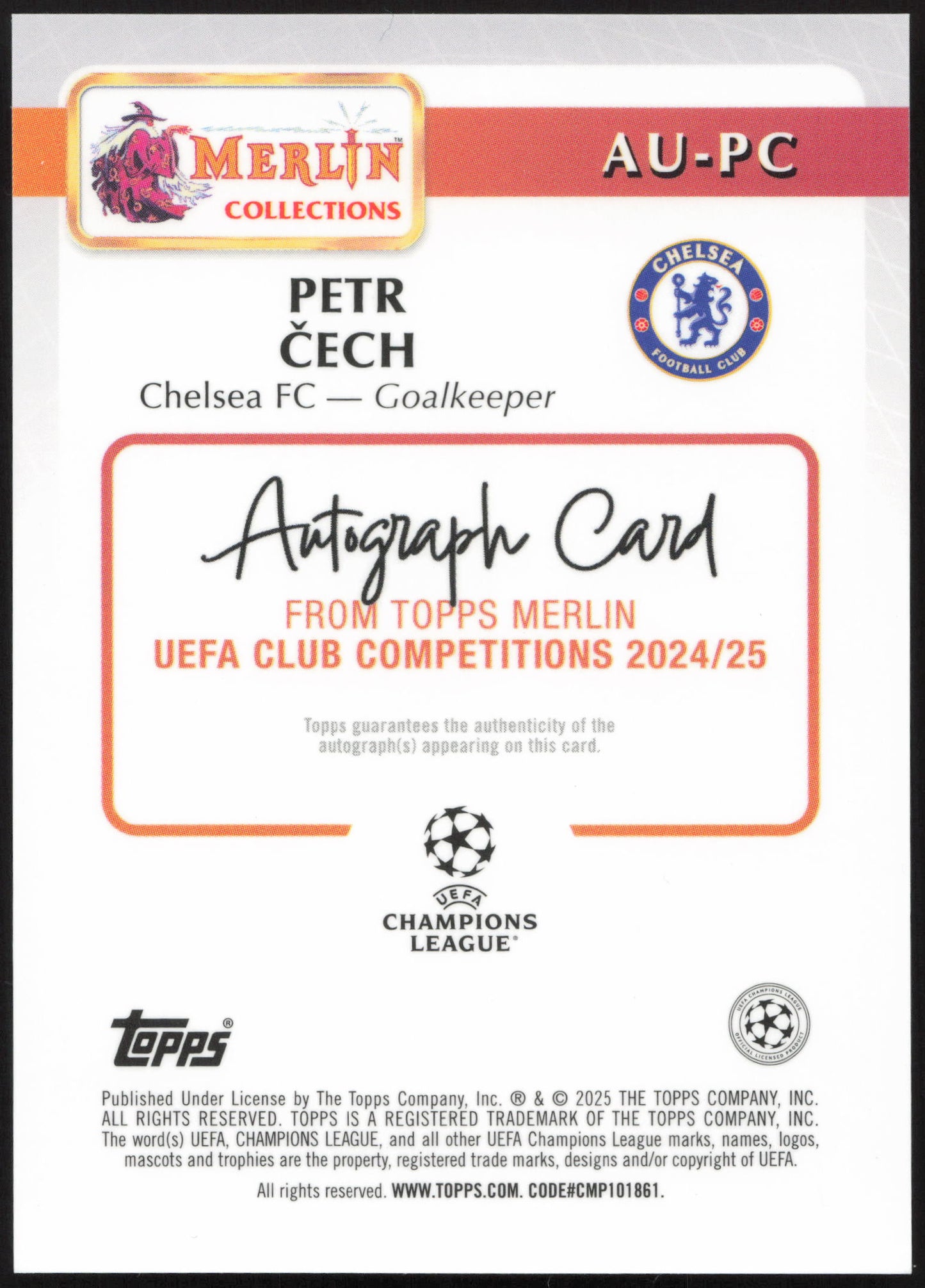 Topps Petr Cech Autograph Card 55/75 AU-PC Merlin UEFA Club Competitions 2024/25