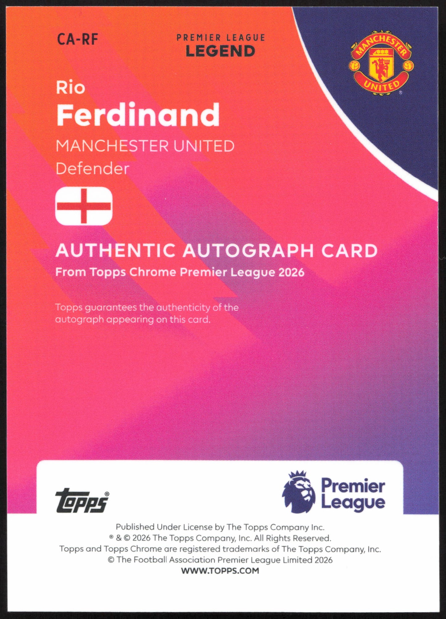 Topps Rio Ferdinand Autograph Card 07/25 CA-RF Chrome Premier League 2026