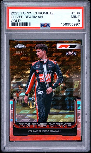 Topps Oliver Bearman 05/50 RC Logofractor Gold #186 2025 Chrome Formula 1 Logofractor PSA 9