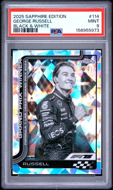 Topps George Russell 04/20 Sapphire Black & White #114 2025 Chrome Formula 1 Sapphire PSA 9