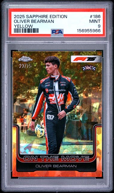 Topps Oliver Bearman 23/75 Sapphire Yellow 2025 Chrome Formula 1 Sapphire PSA 9