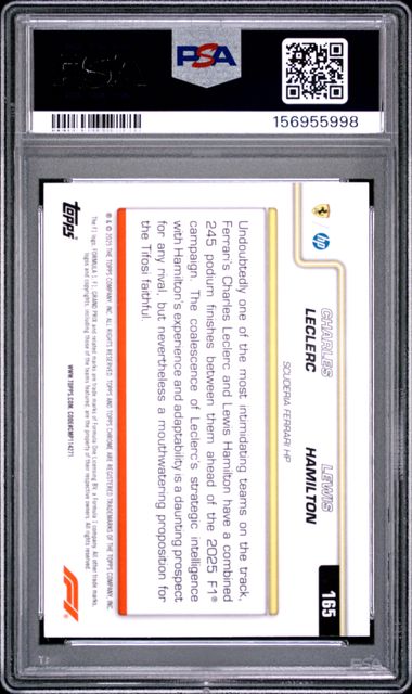 Topps Charles Leclerc/Lewis Hamilton 46/75 Yellow Logofractor #165 2025 Chrome Formula 1 Logofractor PSA 10