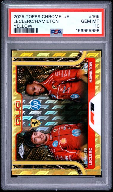 Topps Charles Leclerc/Lewis Hamilton 46/75 Yellow Logofractor #165 2025 Chrome Formula 1 Logofractor PSA 10