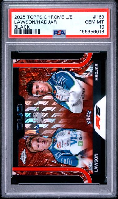 Topps Lawson/Hadjar RC 04/10 Duo Logofractor Black #169 2025 Chrome Formula 1 Logofractor PSA 10
