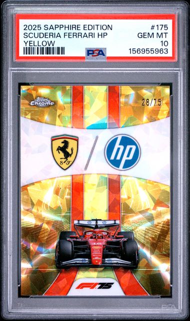 Topps Scuderia Ferrari HP 28/75 Sapphire Yellow #175 2025 Chrome Formula 1 Sapphire PSA 10