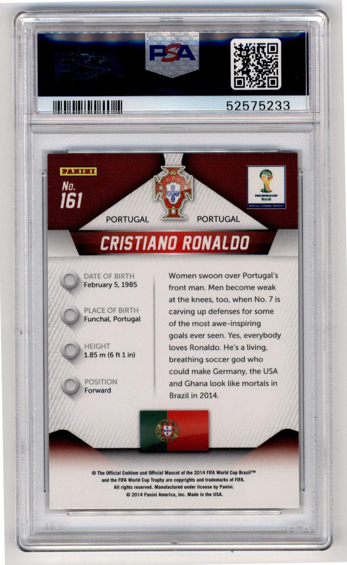 Panini Cristiano Ronaldo #161 2014 2014 Panini Prizm World Cup PSA 10