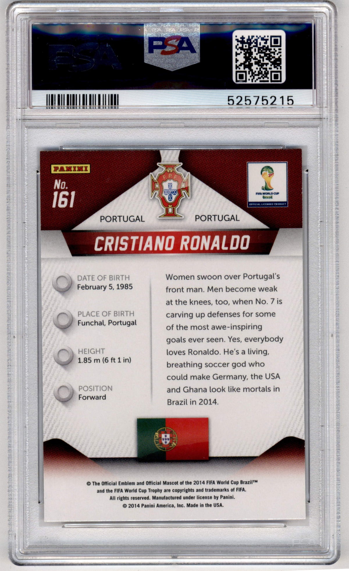 Panini Cristiano Ronaldo #161 2014 2014 Panini Prizm World Cup PSA 10