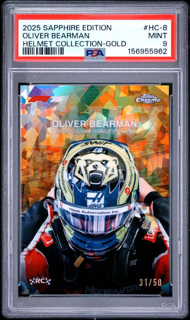 Topps Oliver Bearman 31/50 Gold Sapphire Helmet Collection 2025 Chrome Formula 1 Sapphire PSA 9