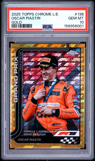Topps Oscar Piastri 15/50 Logofractor Gold #138 2025 Chrome Formula 1 Logofractor PSA 10