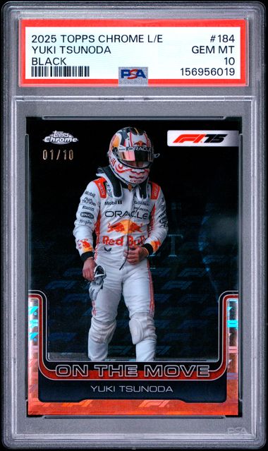 Topps Yuki Tsunoda 01/10 Black Logofractor #184 2025 Chrome Formula 1 Logofractor PSA 10