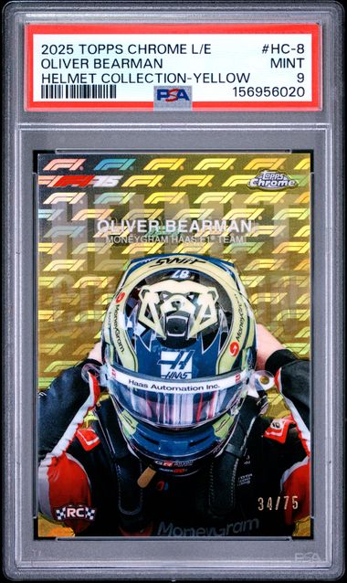 Topps Oliver Bearman 34/75 Yellow Helmet Collection HC-8 2025 Chrome Formula 1 Logofractor PSA 9