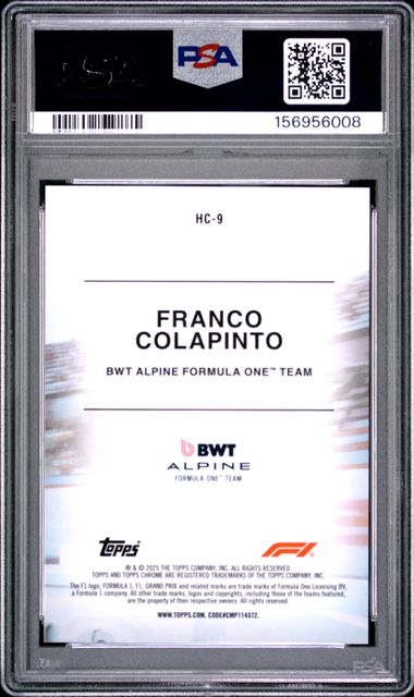 Topps Franco Colapinto 29/50 Logofractor Helmet Collection Gold #HC-9 2025 Chrome Formula 1 Logofractor PSA 10