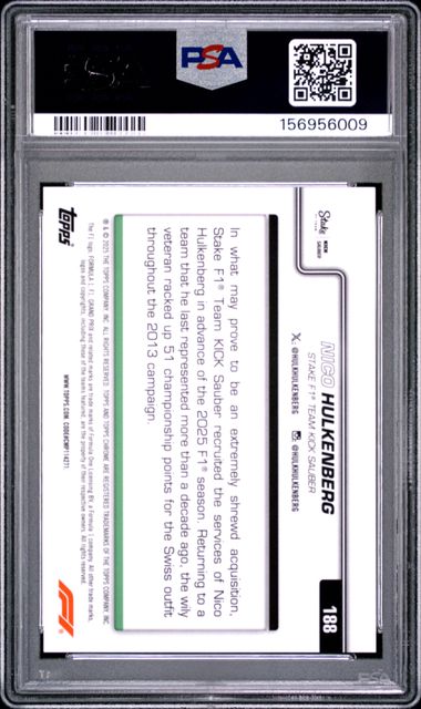 Topps Nico Hulkenberg 06/10 Logofractor Black #188 2025 Chrome Formula 1 Logofractor PSA 10