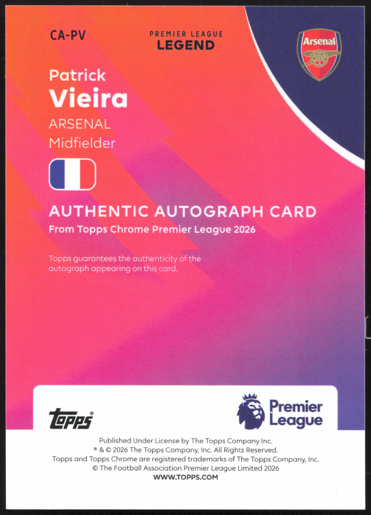 Topps Patrick Vieira Autograph Card 74/75 CA-PV Chrome Premier League 2026