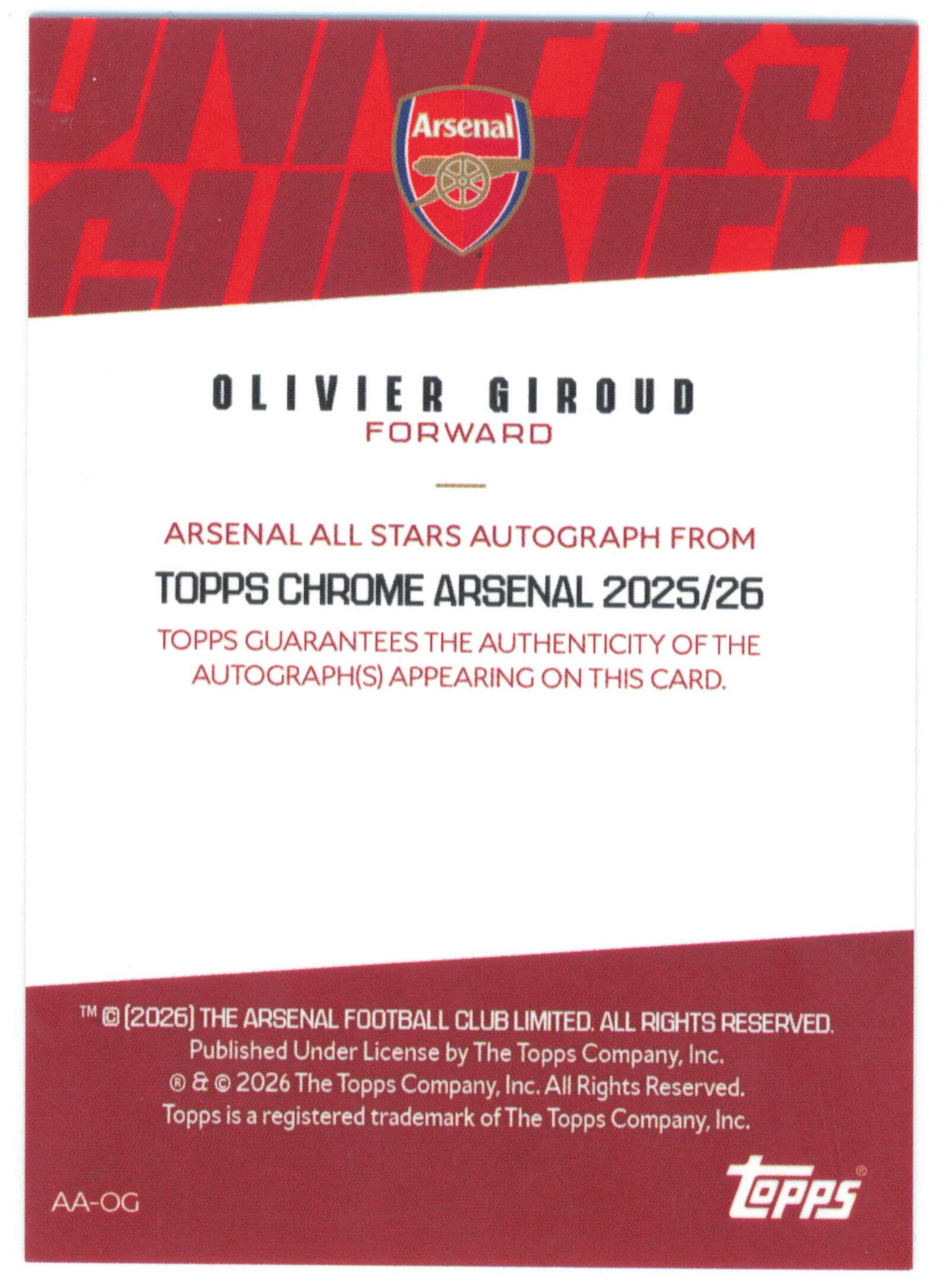 Topps Olivier Giroud Arsenal All Stars Autograph 46/49 AA-OG Chrome Arsenal 2025/26