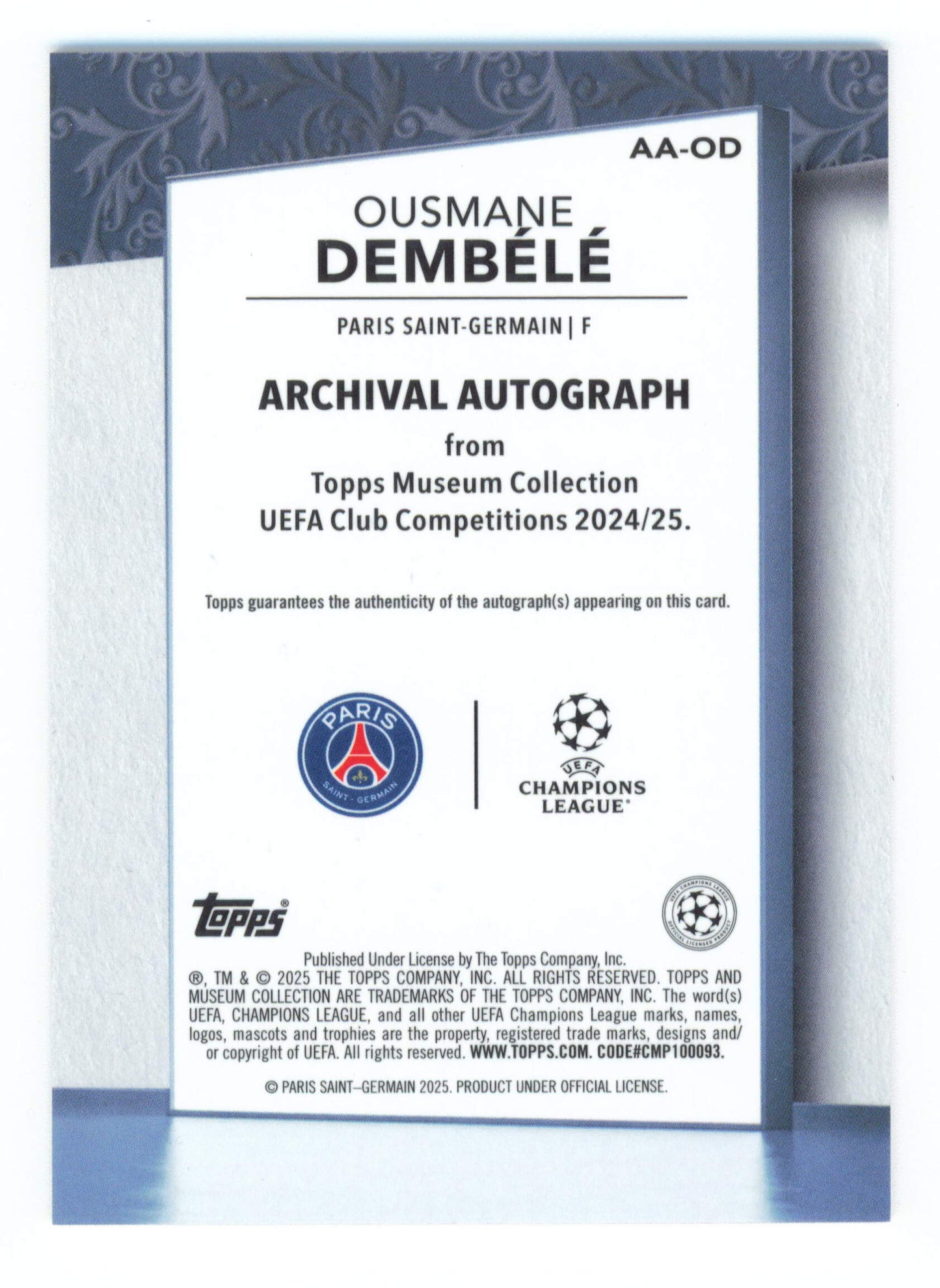 Topps Ousmane Dembele Archival Autograph 23/25 AA-OD Museum Collection UEFA Club Competitions 2024/25