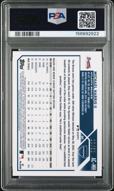 Topps Michael Harris II 10/50 Autograph Gold Wave Refractor #AC-HM 2023 Chrome Baseball Update Series PSA 9