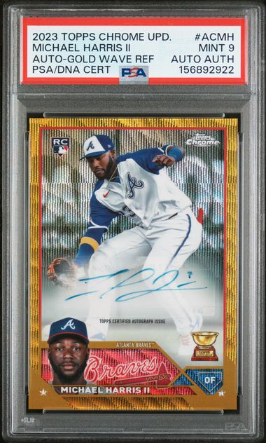 Topps Michael Harris II 10/50 Autograph Gold Wave Refractor #AC-HM 2023 Chrome Baseball Update Series PSA 9