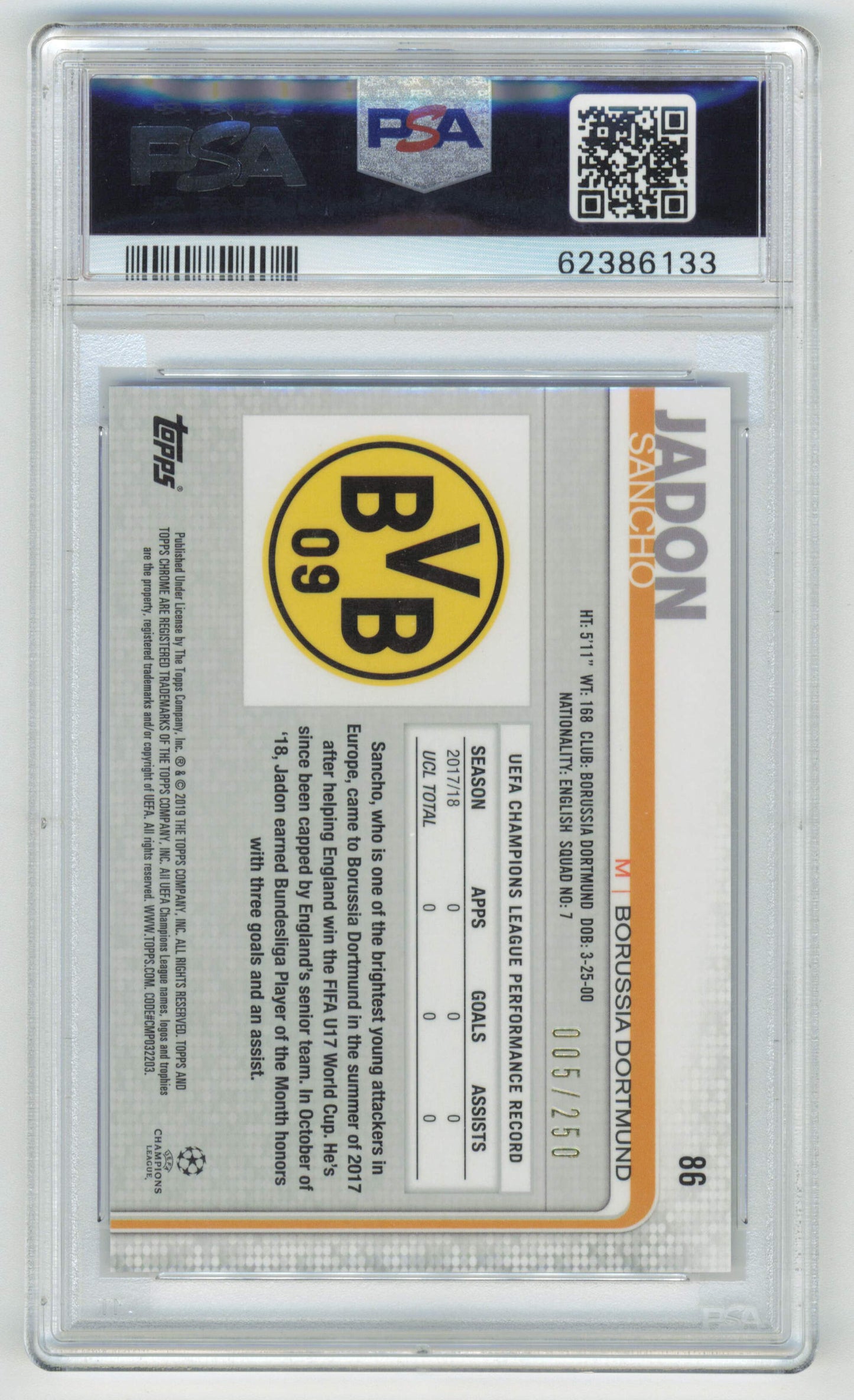 Topps Jadon Sancho 005/250 Purple Refractor #86 2018 Chrome UCL PSA 9