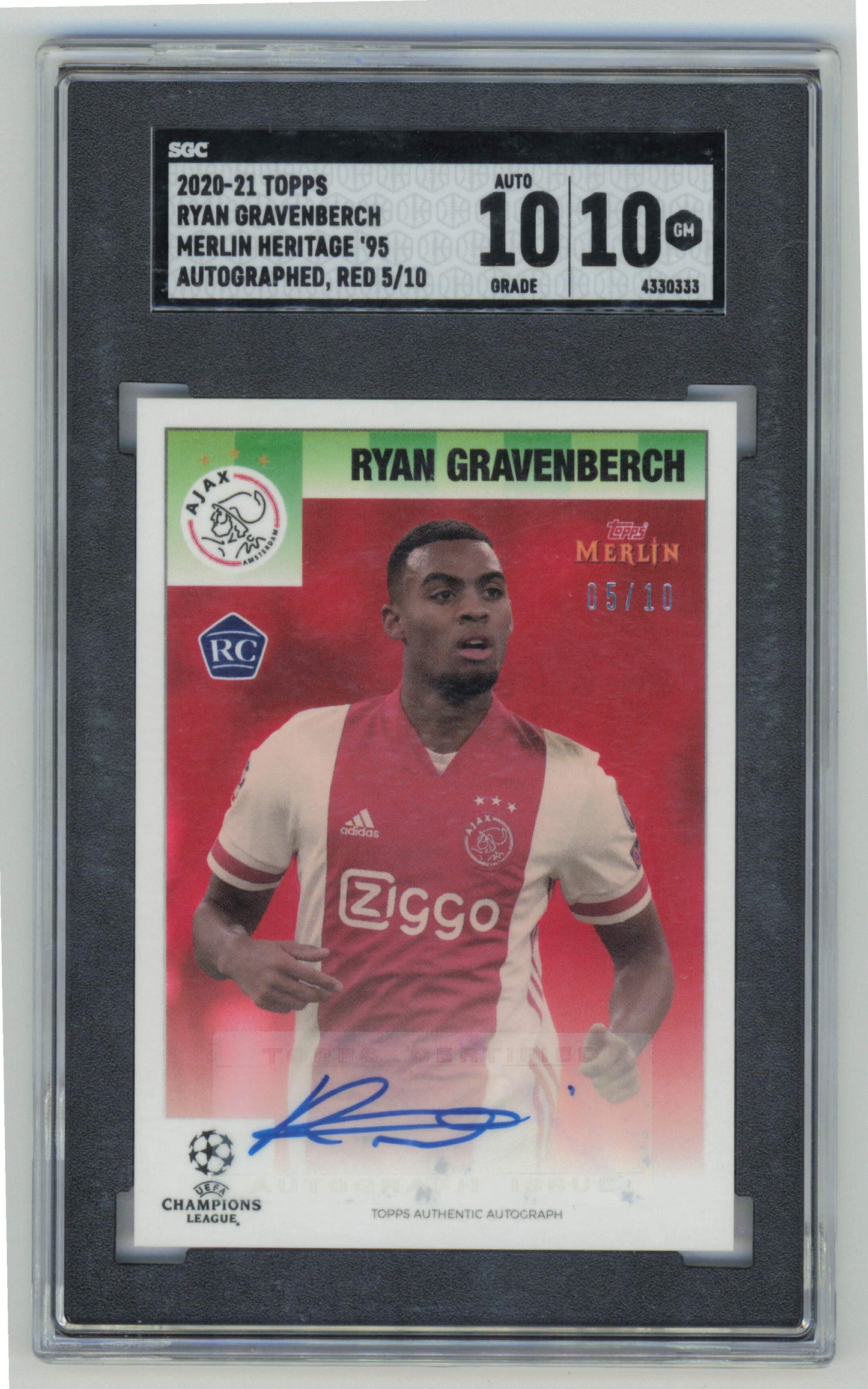 Topps Ryan Gravenberch RC 05/10 Red Autograph 2020-21 Merlin Heritage 95 SGC 10