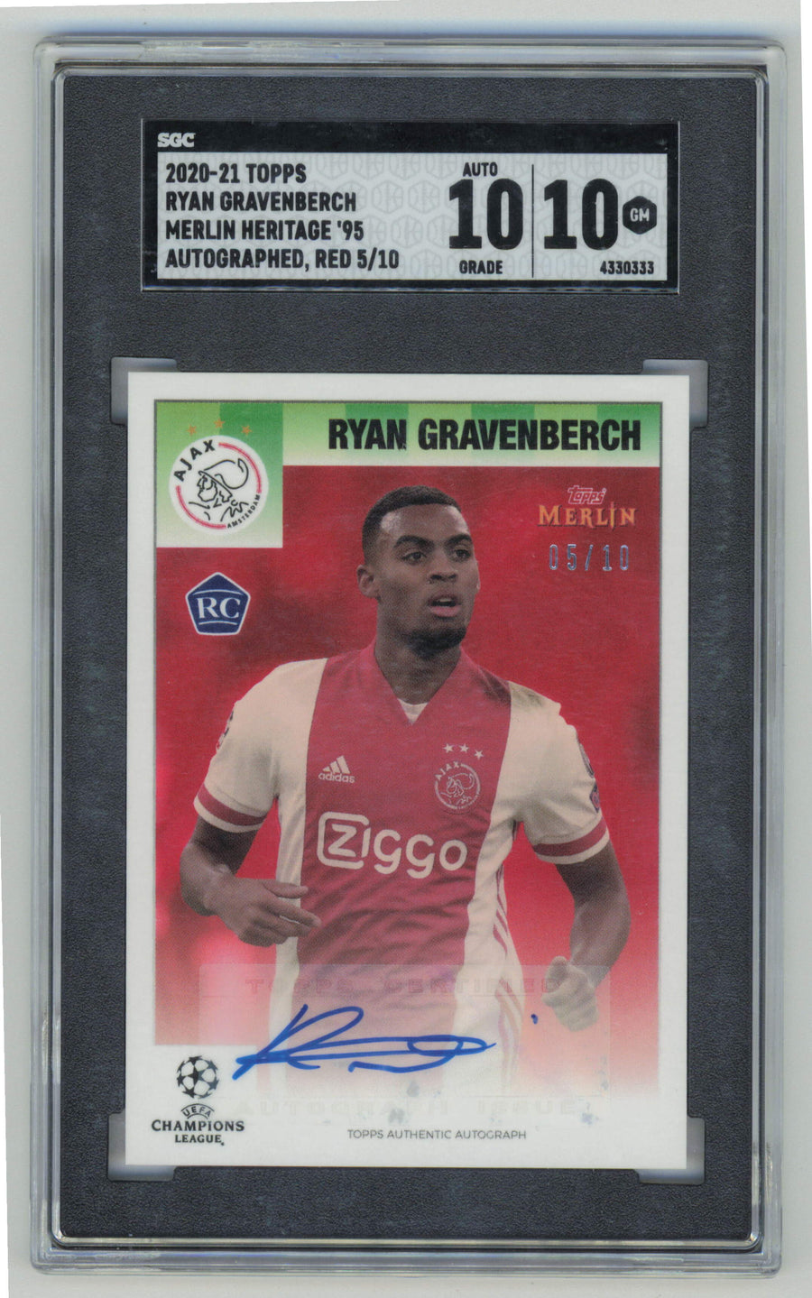Topps Ryan Gravenberch RC 05/10 Red Autograph 2020-21 Merlin Heritage 95 SGC 10