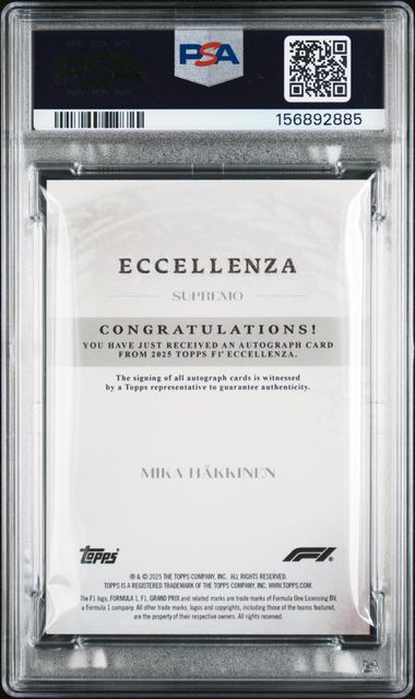 Topps Mika Hakkinen 30/99 Supremo Autograph Blue 2025 Eccellenza Formula 1 PSA 8