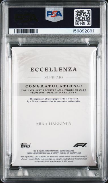 Topps Mikka Hakkinen 01/50 Supremo Autograph Purple 2025 Eccellenza Formula 1 PSA 10