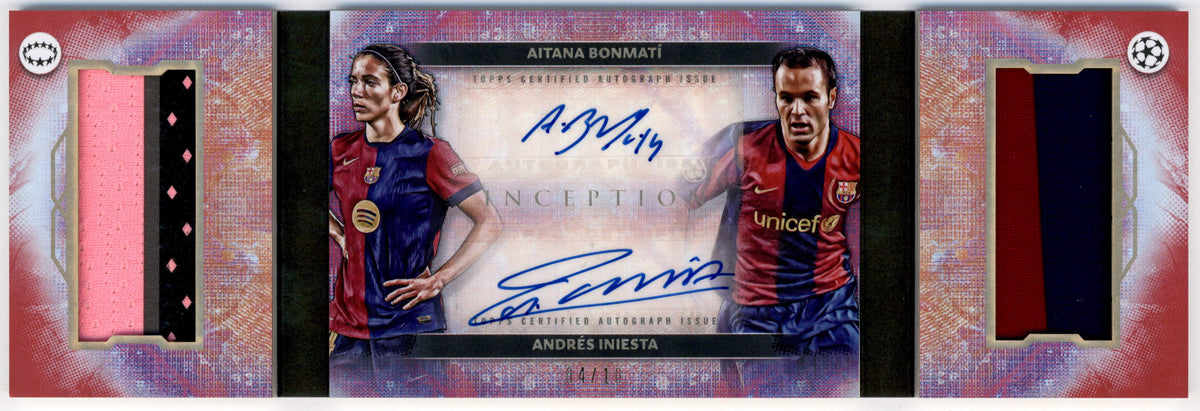 Topps Andres Iniesta Aitana Bonmati Dual Autograph Patch Book Card 4/10 DAPB-BI Inception UEFA Club Competitions 2024/25