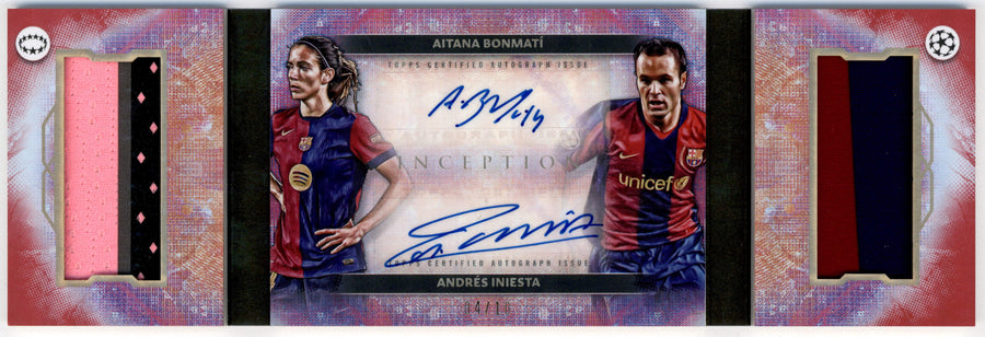 Topps Andres Iniesta Aitana Bonmati Dual Autograph Patch Book Card 4/10 DAPB-BI Inception UEFA Club Competitions 2024/25