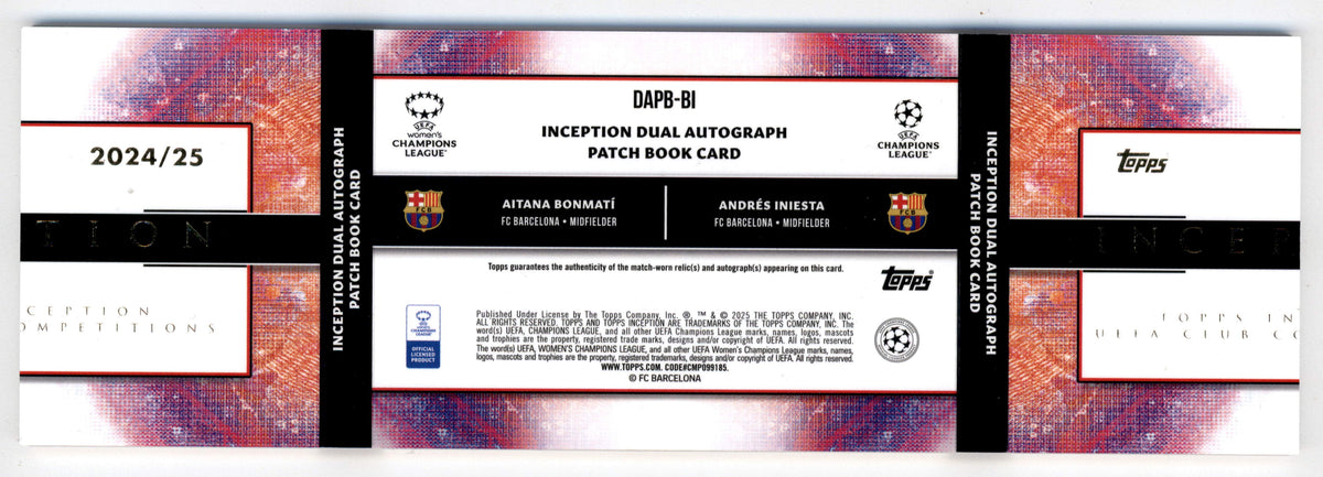 Topps Andres Iniesta Aitana Bonmati Dual Autograph Patch Book Card 4/10 DAPB-BI Inception UEFA Club Competitions 2024/25