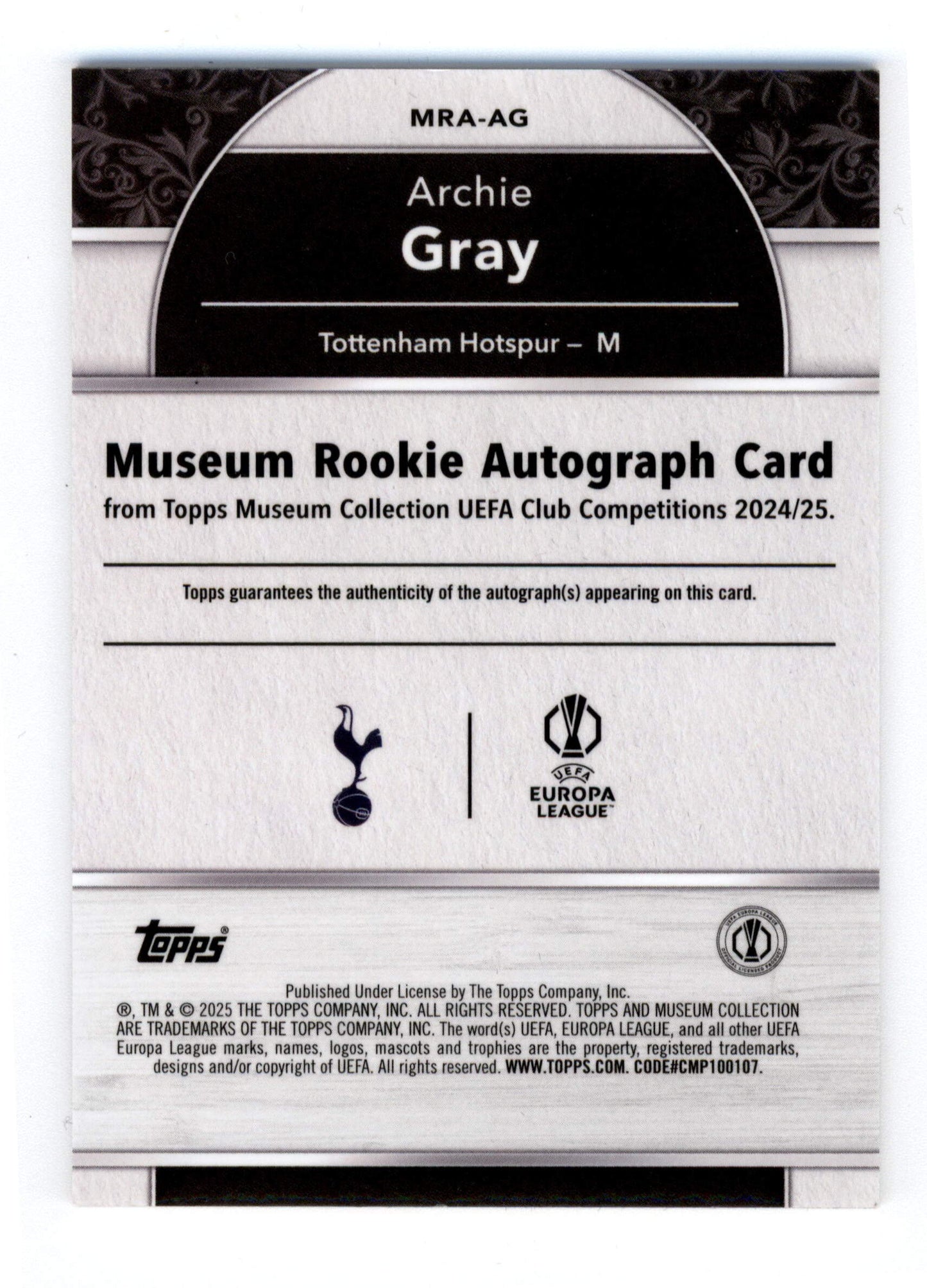 Topps Archie Gray 3/3 RC Autograph Laser MRA-AG Museum Collection UEFA Club Competitions 2024/25
