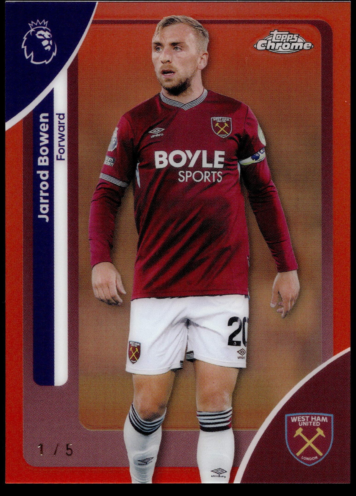 Topps Jarrod Bowen Red Refractor 1/5 #182 Chrome Premier League 2025/26