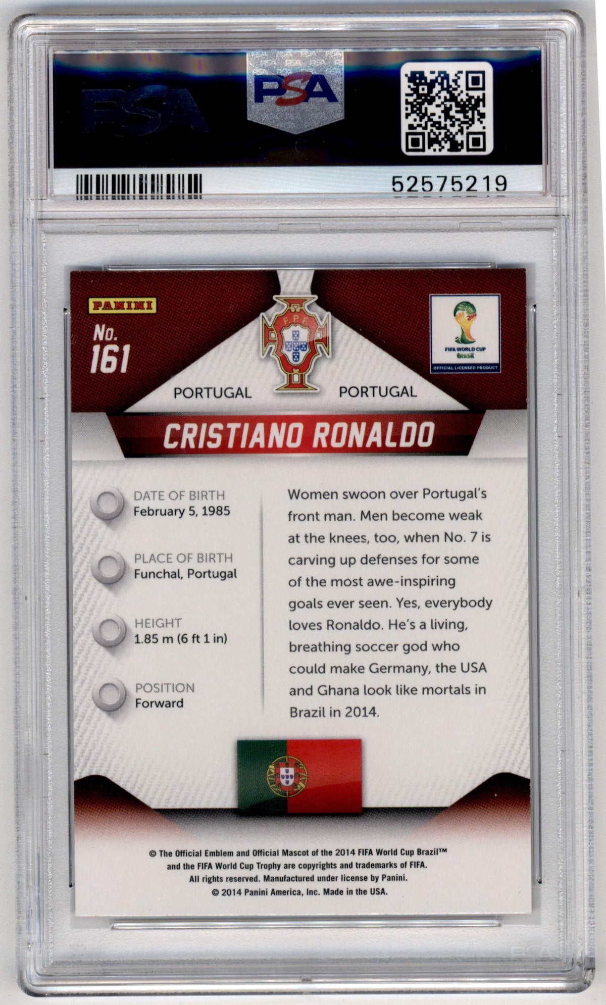 Panini Cristiano Ronaldo #161 2014 2014 Panini Prizm World Cup PSA 10