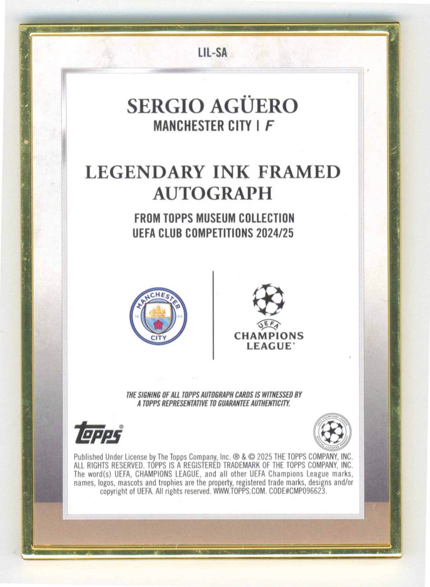 Topps Sergio Aguero 16/25 Legendary Ink Framed Autograph Museum Collection UCC 2024/25