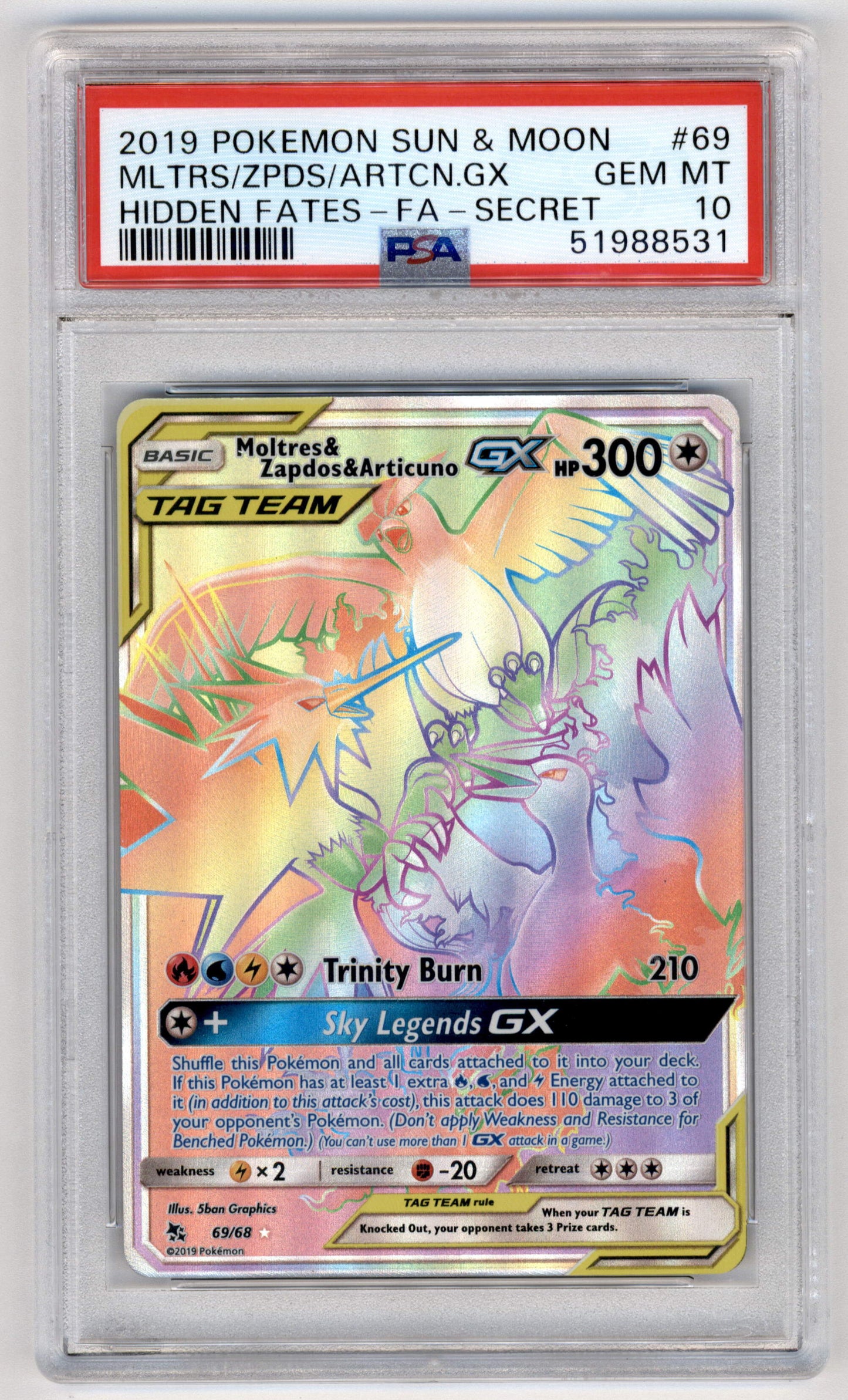 Pokemon Moltres & Zapdos & Articuno GX 69/68 Secret Rare Full Art 2019 Hidden Fates PSA 10