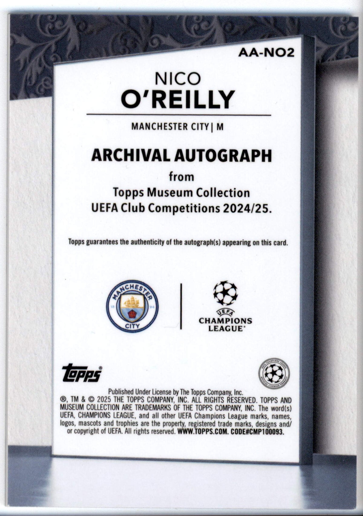 Topps Nico O'Reilly 20/25 Archival Auto RC #AANO2 2024-25 Museum Collection UCC