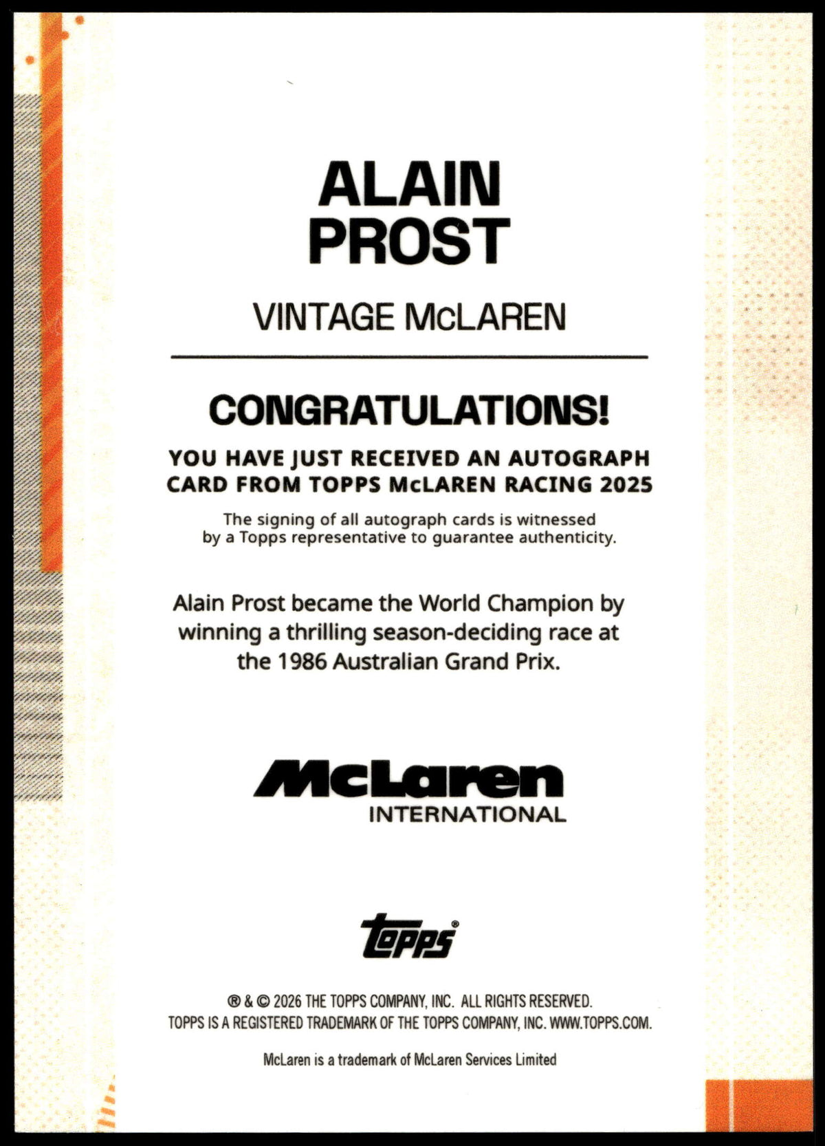 Topps Alain Prost Autograph Card 06/10 McLaren Racing 2025