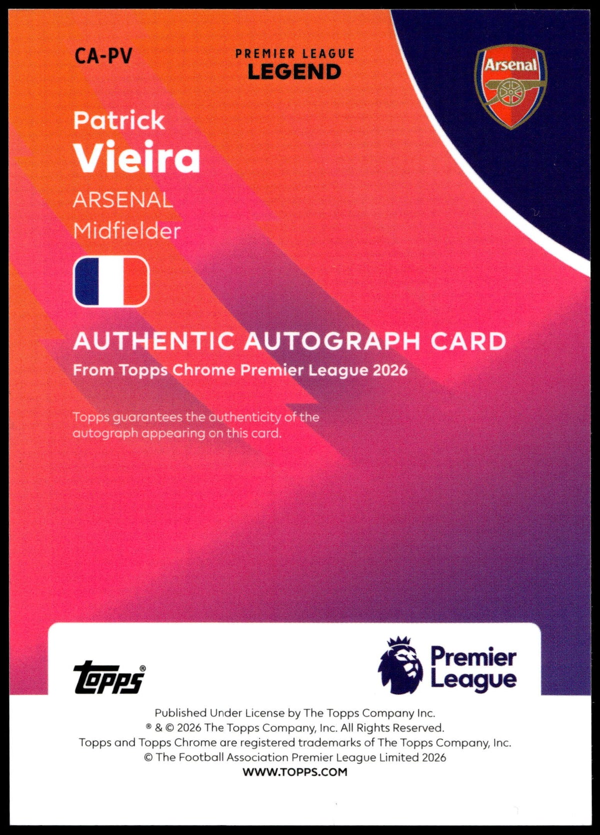 Topps Patrick Vieira 07/25 Autograph Orange Wave #CA-PV 2026 Chrome Premier League