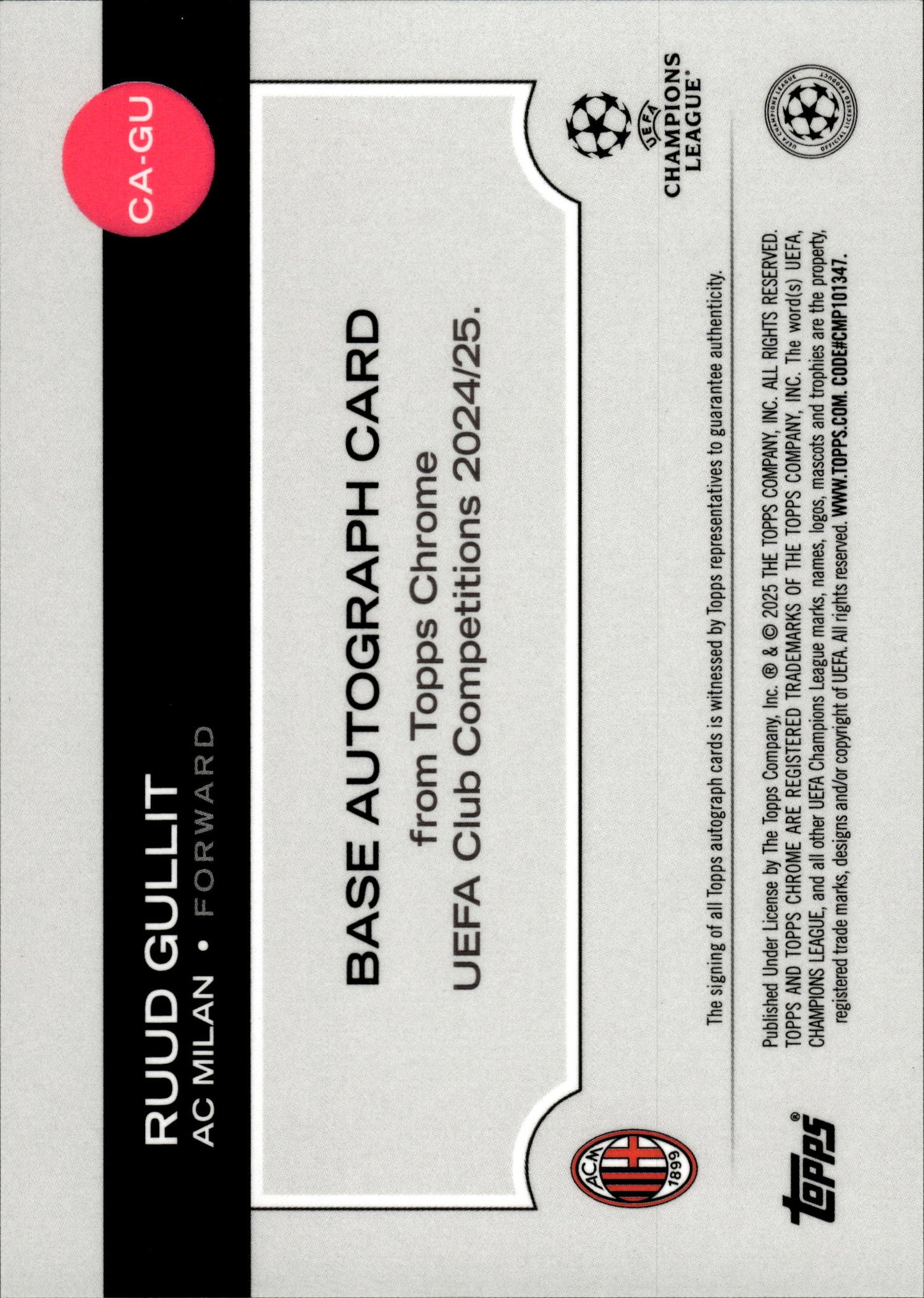 Topps Ruud Gullit 02/10 Autograph Geometric Black CA-GU Chrome UEFA Club Competitions 2024/25