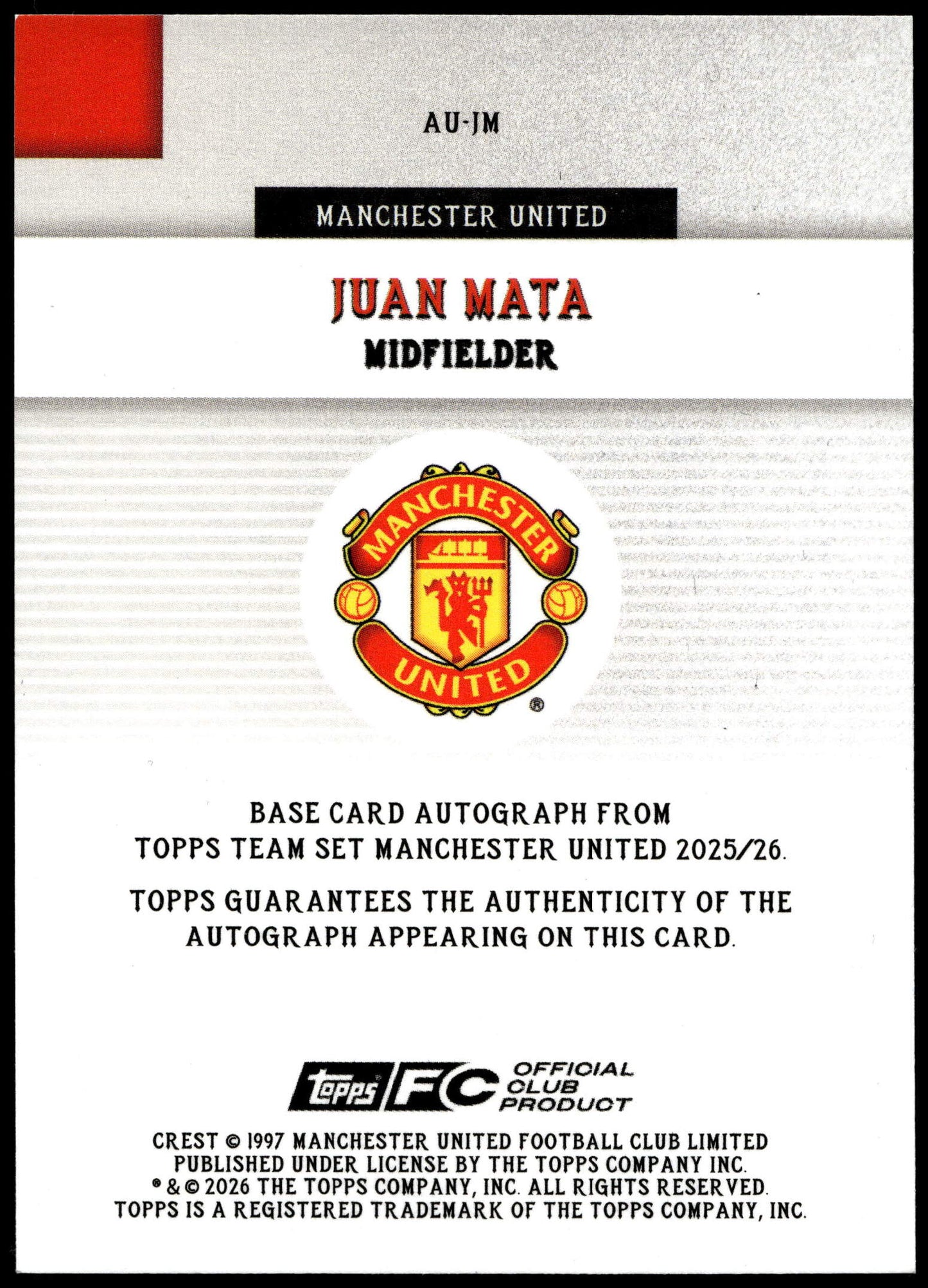 Topps Juan Mata 17/25 Autograph AU-JM 2025/26 Manchester United Team Set
