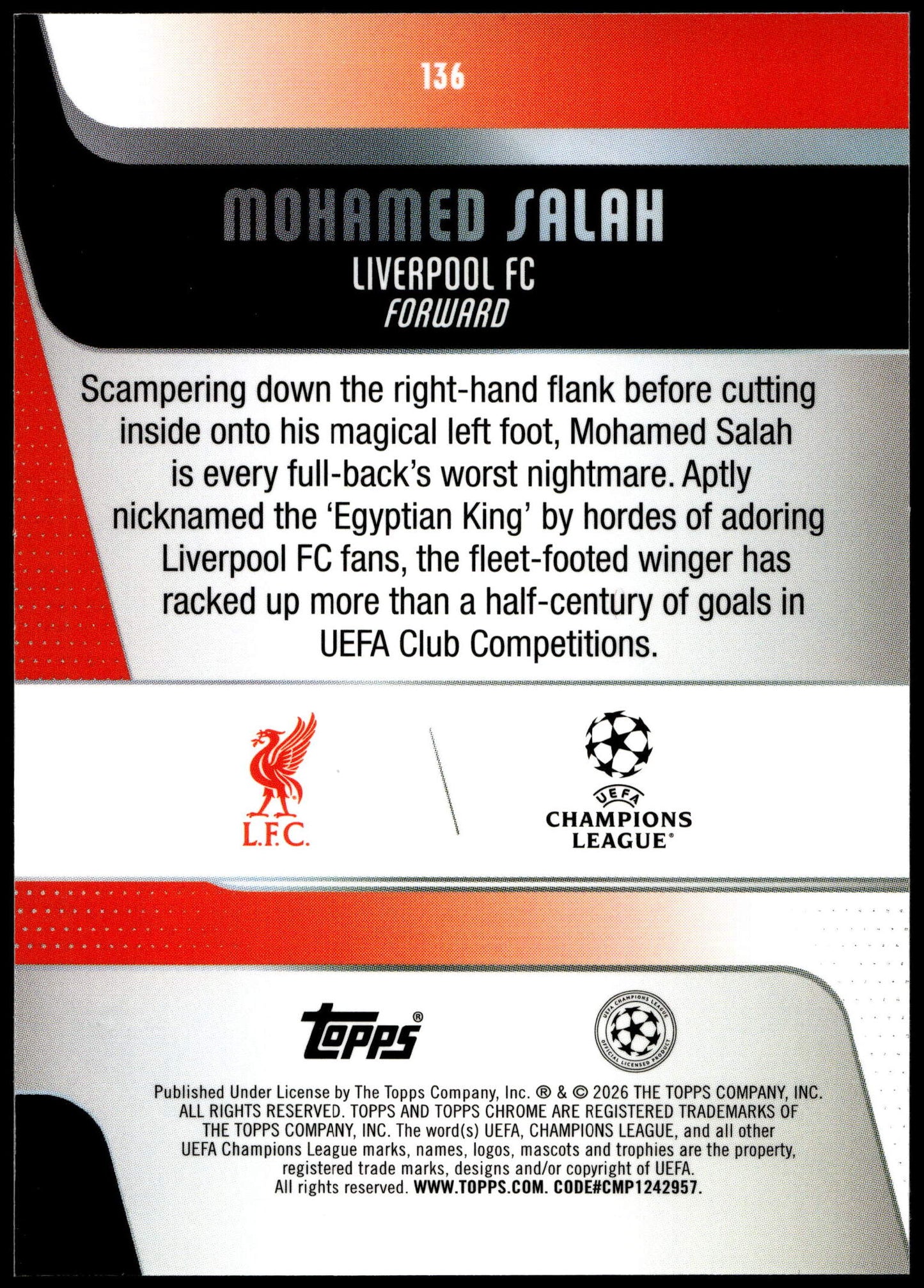 Topps Mohamed Salah 01/10 Black #136 2025/26 Chrome Uefa Club Competitions Logofractor