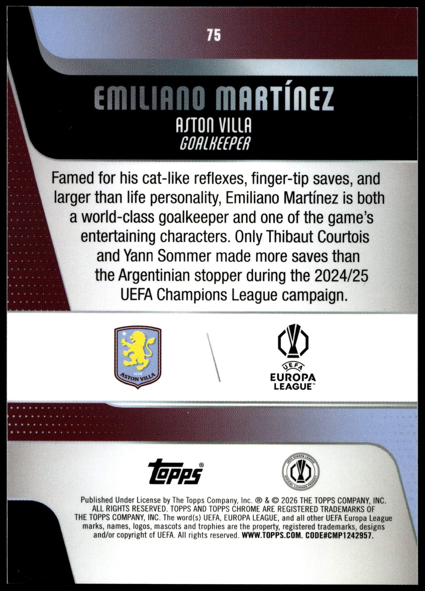 Topps Emiliano Martinez 03/10 Black #75 2025/26 Chrome Uefa Club Competitions