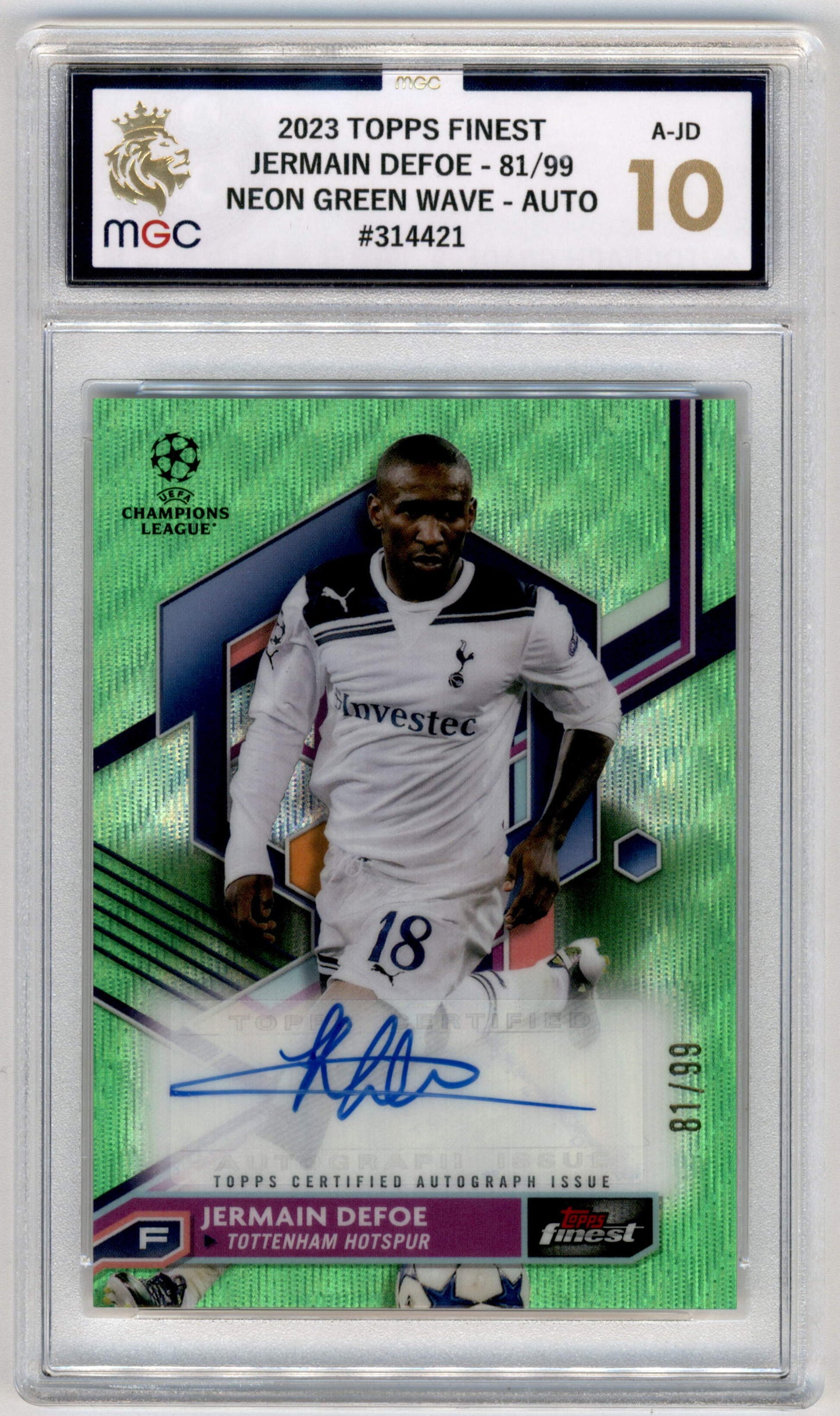 Topps Jermaine Defoe 81/99 Autograph Neon Green Wave Autograph A-JD 2023 Finest Uefa Club Competitions MGC 10