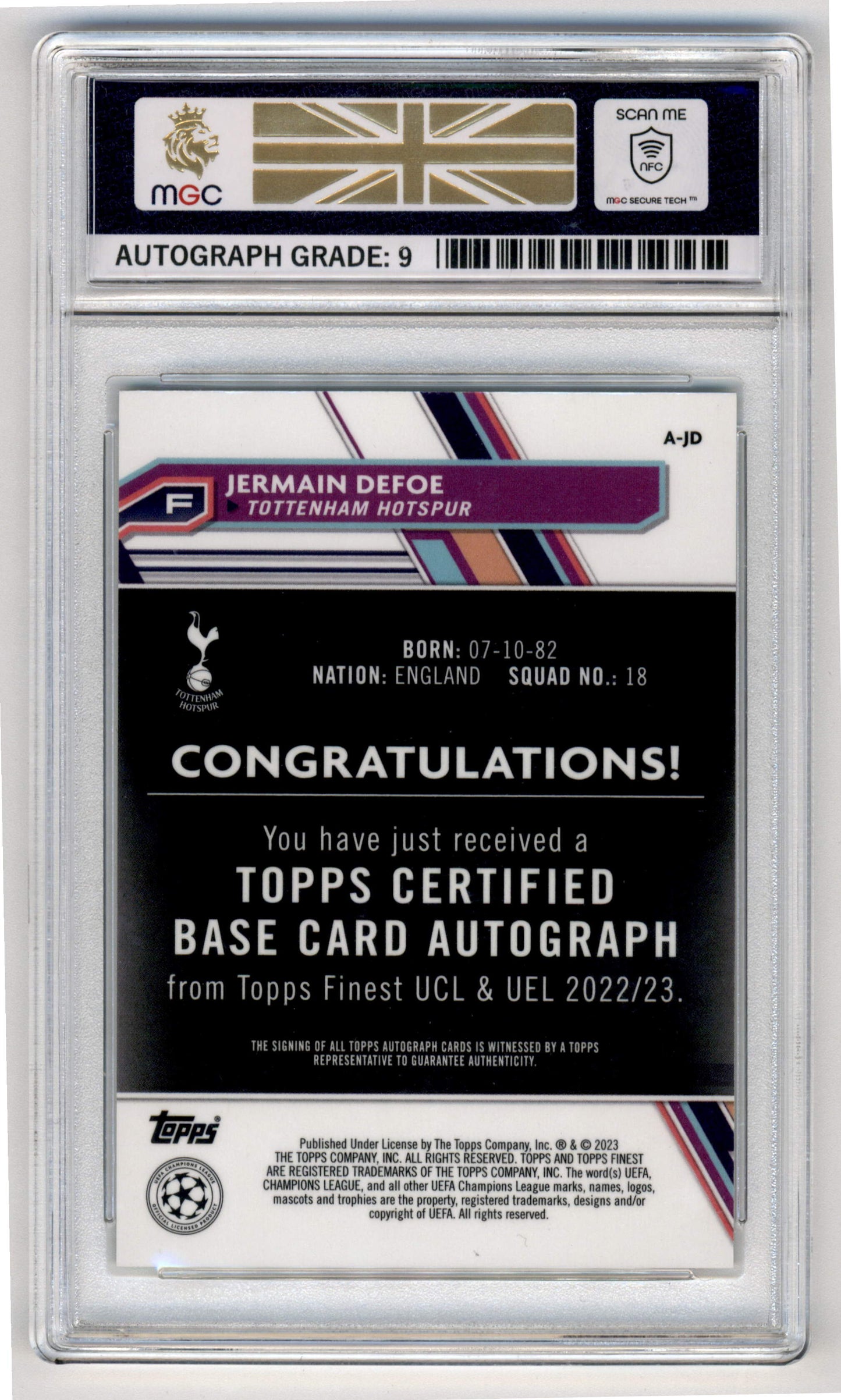 Topps Jermaine Defoe 81/99 Autograph Neon Green Wave Autograph A-JD 2023 Finest Uefa Club Competitions MGC 10