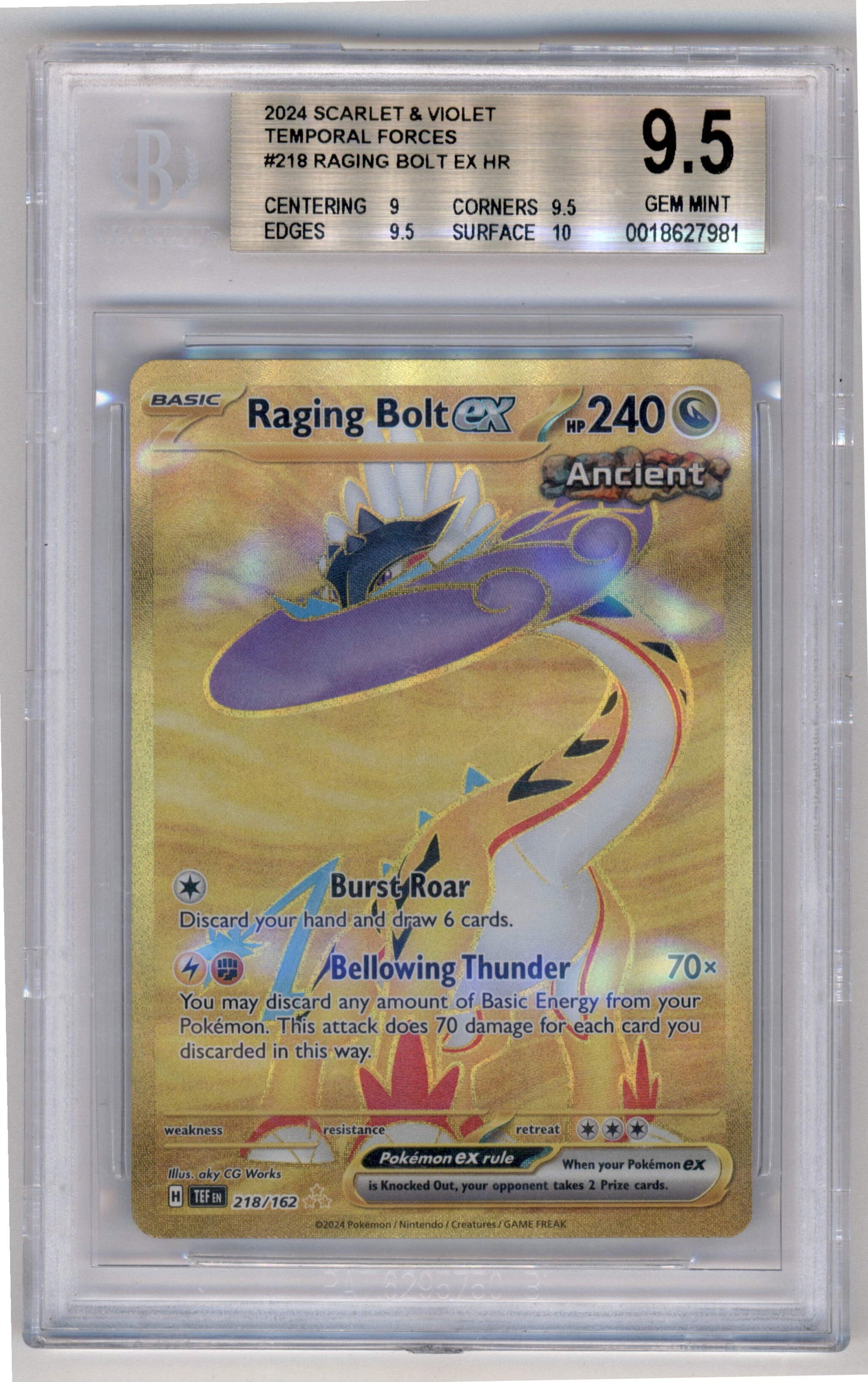 Pokemon Raging Bolt EX 218/162 Hyper Rare Full Art 2024 Temporal Forces Beckett 9.5