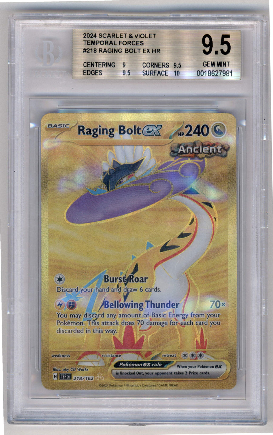 Pokemon Raging Bolt EX 218/162 Hyper Rare Full Art 2024 Temporal Forces Beckett 9.5