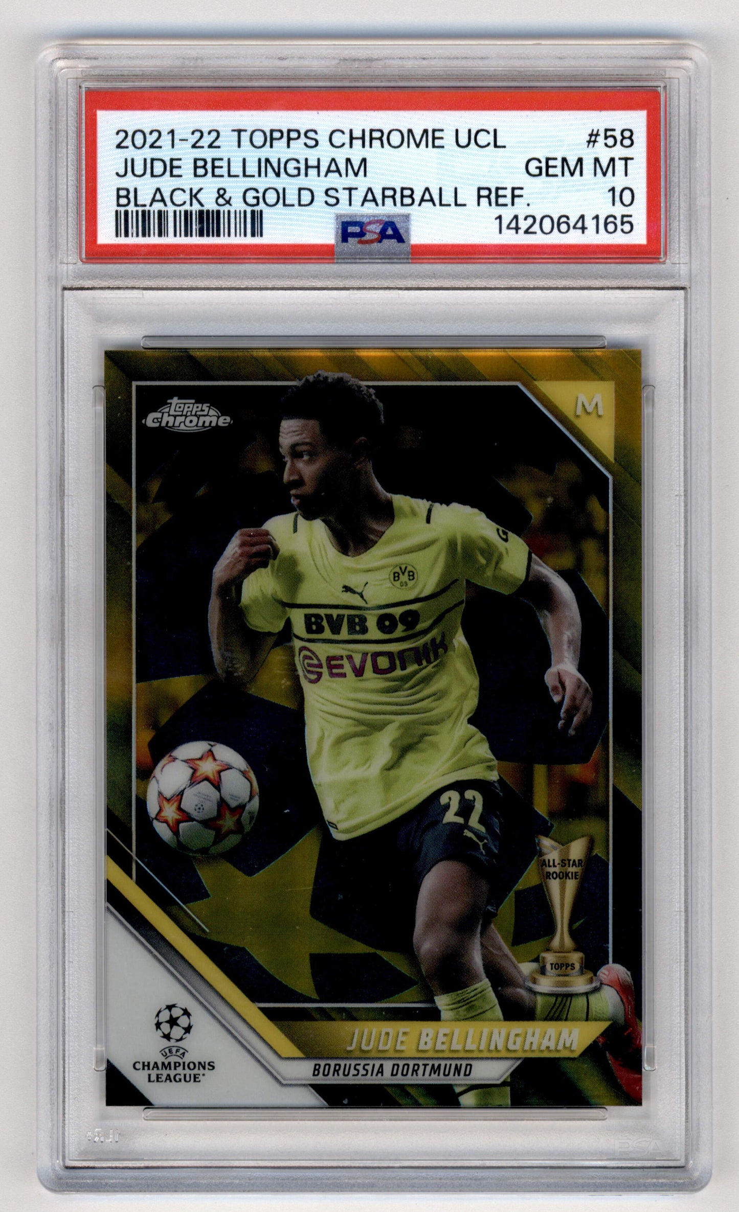 Topps Jude Bellingham 12/30 Black & Gold Starball Refractor #58 2021-22 Chrome UCL PSA 10