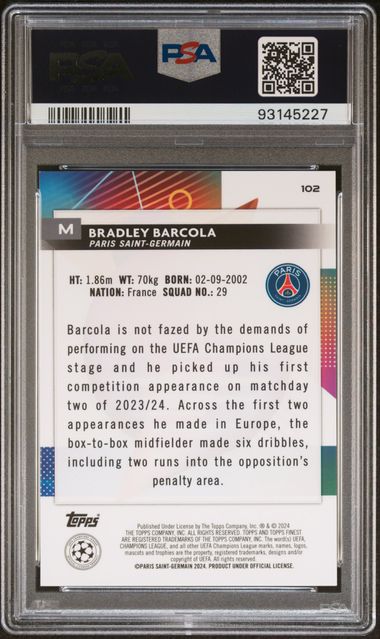 Topps Bradley Barcola 39/50 Rose Gold Mini Diamond #102 2023-24 Finest UCC PSA 10