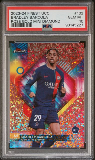 Topps Bradley Barcola 39/50 Rose Gold Mini Diamond #102 2023-24 Finest UCC PSA 10